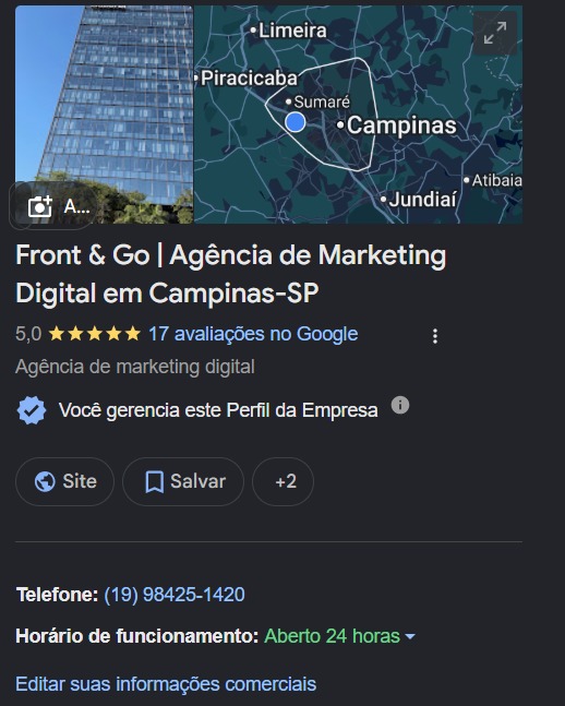 Ficha da Front&Go no Google Meu Negócio: nota 5,0 com 17 avaliações, em Campinas-SP